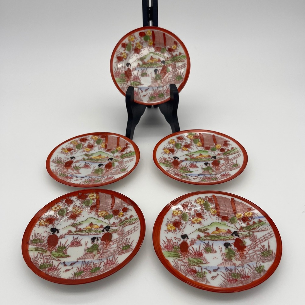 Vintage Kutani Japanese Porcelain Small Plates Set of 5 Geisha Landscape Red